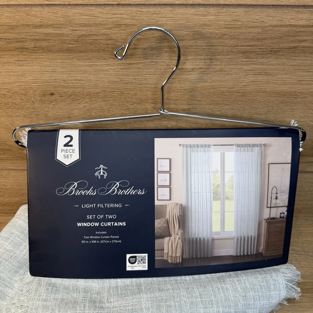 Brooks Brothers Set of 2 Window Curtains Light Blue Fringe Light Filtering Boho